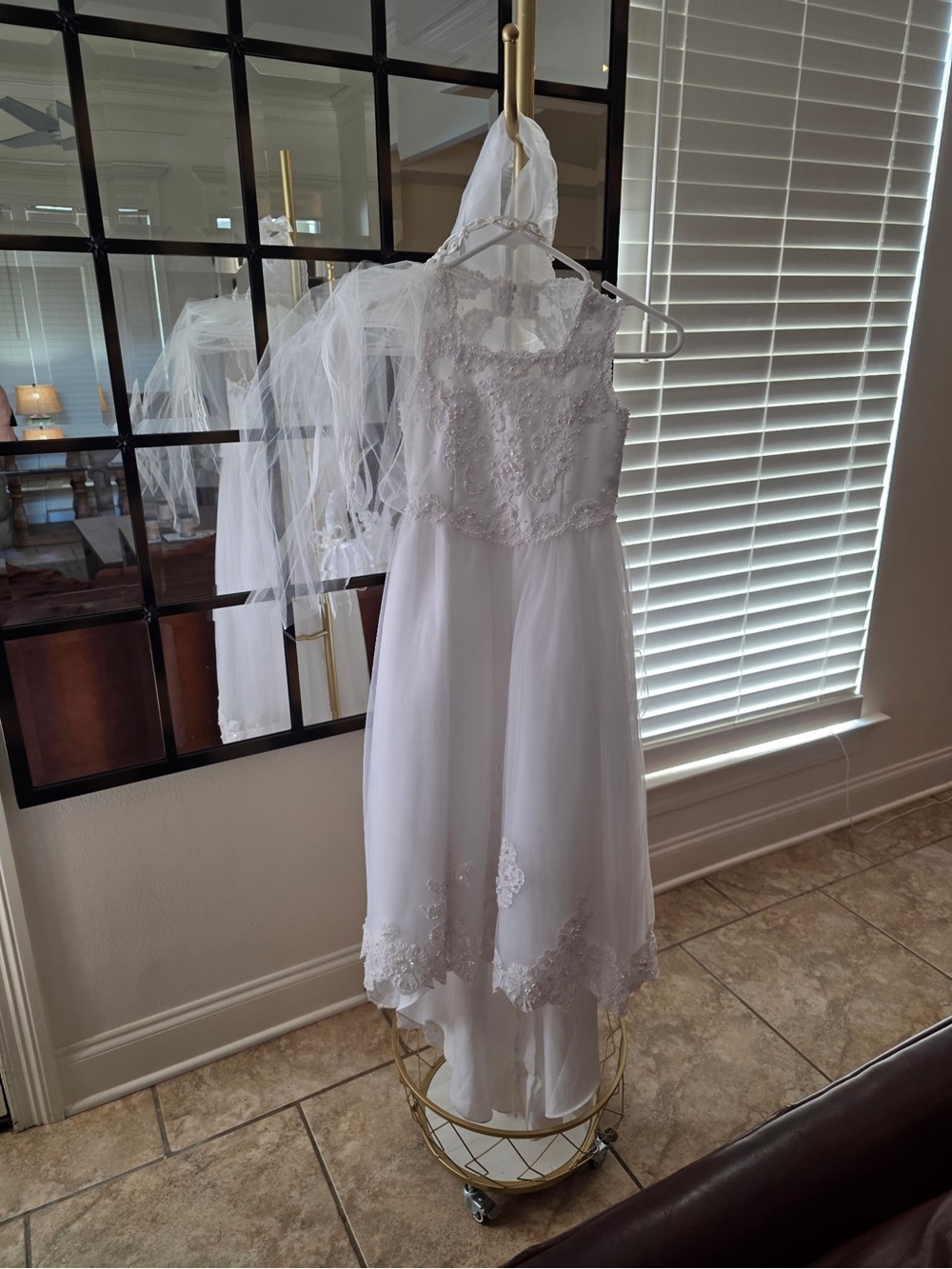 David's Bridal White Beaded Lace Tulle Flower Girl Dress